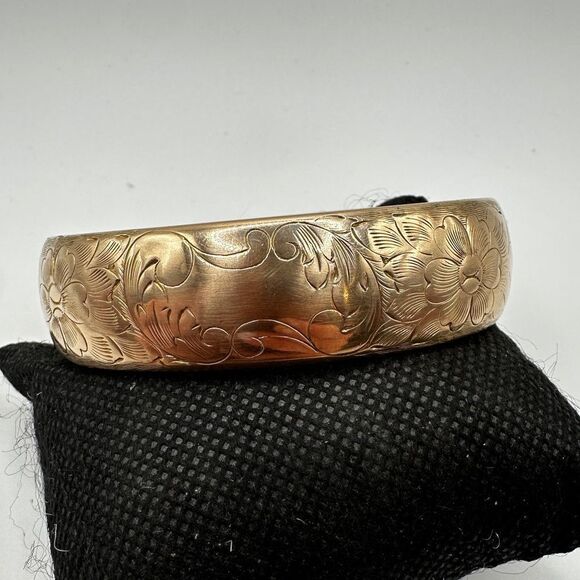 1950s Victorian Revival Etched Floral Gold filled clamper cuff bracelet, FMCO! - Picture 2 of 10